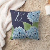 ブルーアジサイとネイビーイニシャルの背景 クッション (ブランケット)