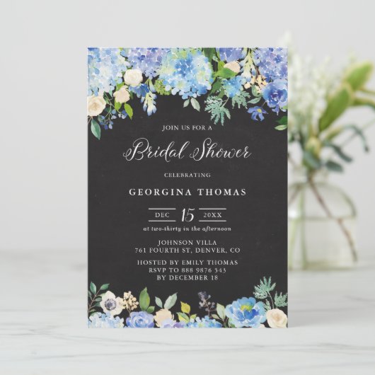 ブルーアジサイとバラシャルボードブライダルシャワー 招待状 (スタンド正面)