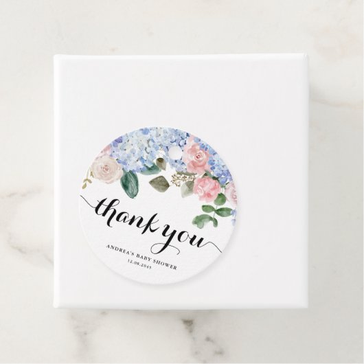 ブルーアジサイとピンクローズベビーシャワーありがとう フェイバータグ (インサイチュ)