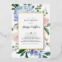 ブルーアジサイとピンクローズベビーブランチ 箔招待状