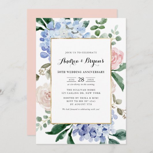 ブルーアジサイとピンクローズ結婚の記念日 招待状 (正面/裏面)