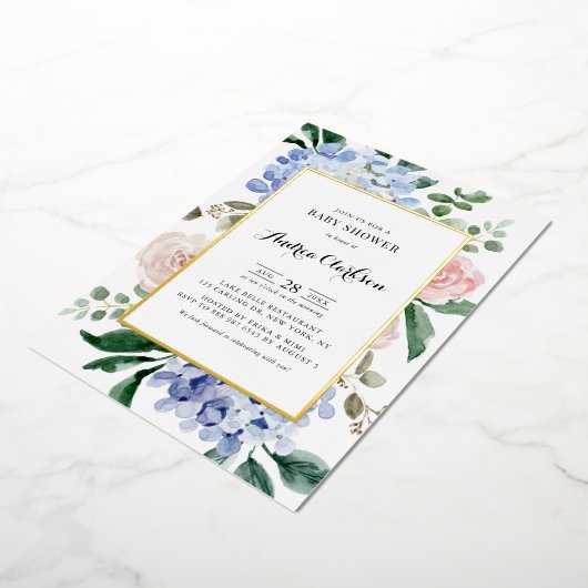 ブルーアジサイとピンクローゼベビーシャワー 箔招待状 (回転した状態)