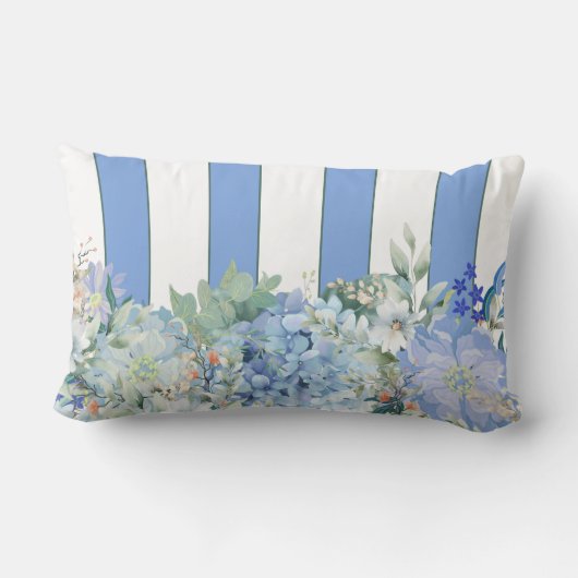 ブルーアジサイとフローラストライプの腰枕 ランバークッション (裏面)