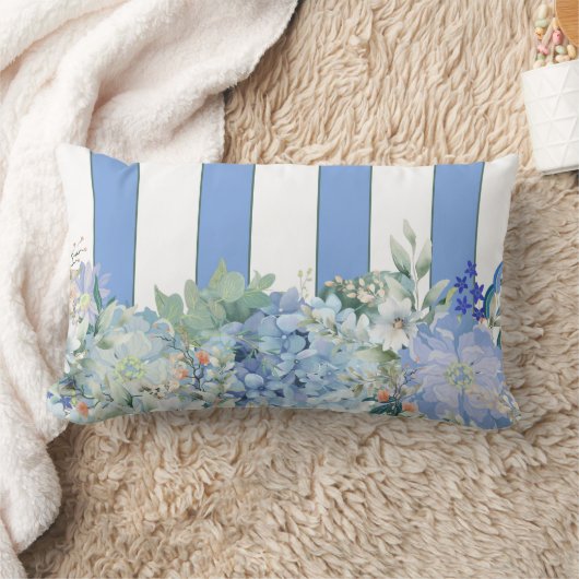 ブルーアジサイとフローラストライプの腰枕 ランバークッション (ブランケット)