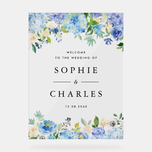 ブルーアジサイとホワイトアネモネ結婚の歓迎 アクリルサイン (正面)