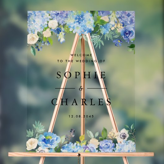 ブルーアジサイとホワイトアネモネ結婚の歓迎 アクリルサイン (ニュートラル)