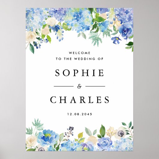 ブルーアジサイとホワイトアネモネ結婚の歓迎 ポスター (正面)