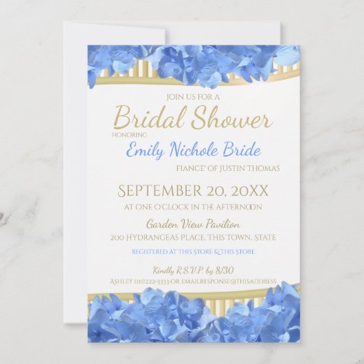 ブルーアジサイと金ゴールドストライプブライダルシャワー 招待状 (正面)