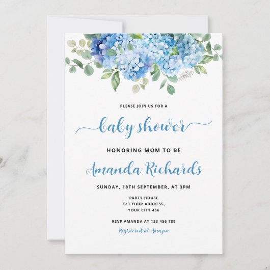 ブルーアジサイのお母さんが赤ちゃんシャワー 招待状 (正面)