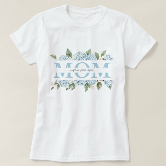 ブルーアジサイのフラワーネームキッズギフトママ Tシャツ (デザイン正面)