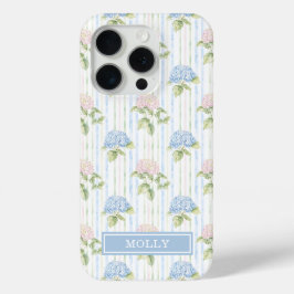ブルーアジサイの水彩ストライプのオーダーメイド iPhone 15 PROケース