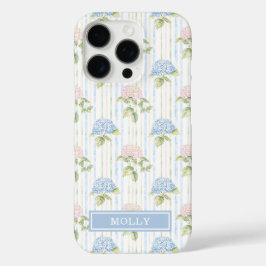 ブルーアジサイの水彩ストライプのオーダーメイド iPhone 16 PROケース
