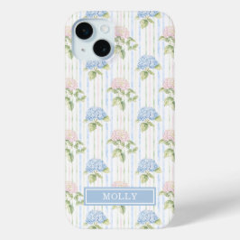 ブルーアジサイの水彩ストライプのオーダーメイド iPhone 15 MINIケース