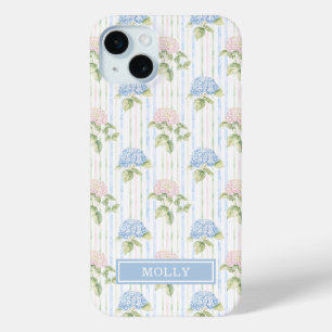 ブルーアジサイの水彩ストライプのオーダーメイド iPhone 15 MINIケース