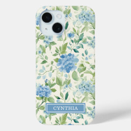 ブルーアジサイの水彩モノグラム iPhone 15ケース