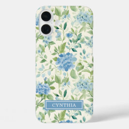 ブルーアジサイの水彩モノグラム iPhone 16 PLUSケース