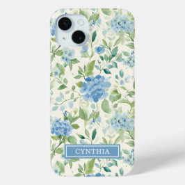 ブルーアジサイの水彩モノグラム iPhone 15 MINIケース
