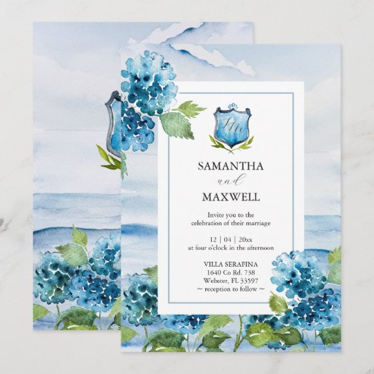ブルーアジサイの水彩画の結婚式招待状 招待状 (正面/裏面)