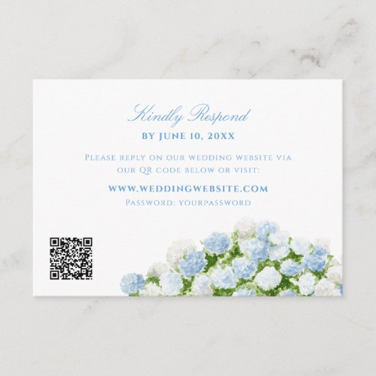 ブルーアジサイの結婚式QRコードRSVP エンクロージャーカード (正面)