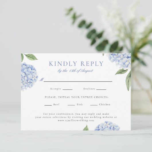 ブルーアジサイクラシックア食べ物の選択結婚の応答 出欠カード (スタンド正面)