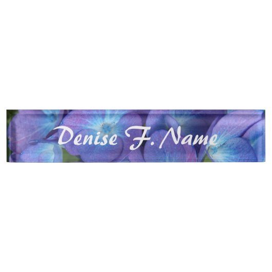 ブルーアジサイパーソナライズされたフローラ デスクネームプレート (正面)