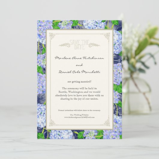 ブルーアジサイフローラアールデコエレガントウェディング 招待状 (スタンド正面)