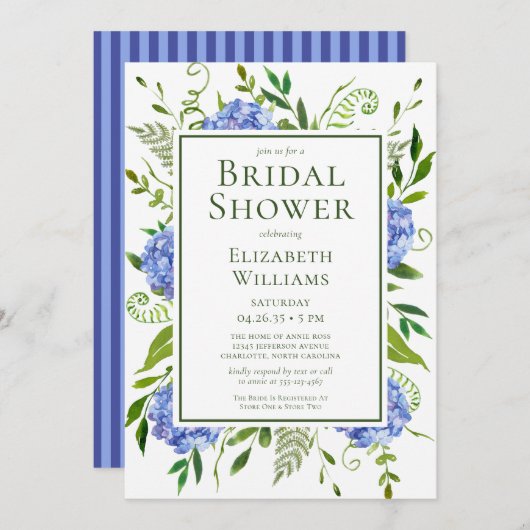 ブルーアジサイフローラウォーターカラーブライダルシャワー 招待状 (正面/裏面)