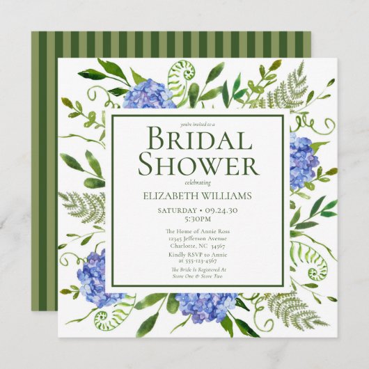 ブルーアジサイフローラウォーターカラーブライダルシャワー 招待状 (正面/裏面)