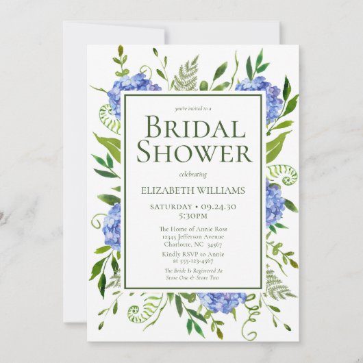 ブルーアジサイフローラウォーターカラーブライダルシャワー 招待状 (正面)