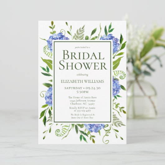 ブルーアジサイフローラウォーターカラーブライダルシャワー 招待状 (スタンド正面)