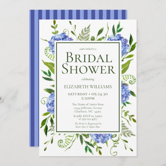 ブルーアジサイフローラウォーターカラーブライダルシャワー 招待状 (正面/裏面)