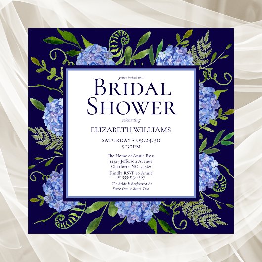 ブルーアジサイフローラウォーターカラーブライダルシャワー 招待状