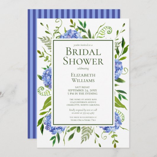 ブルーアジサイフローラウォーターカラーブライダルシャワー 招待状 (正面/裏面)