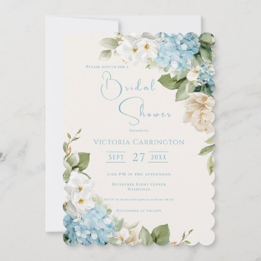 ブルーアジサイフローラエレガントブライダルシャワー 招待状 (正面)