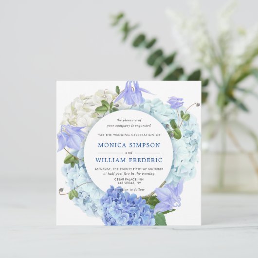 ブルーアジサイフローラグリーンリーウォーター結婚カラー 招待状 (スタンド正面)
