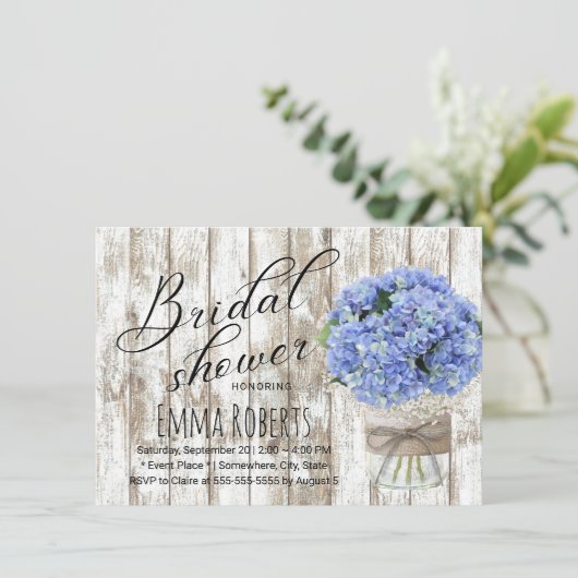 ブルーアジサイフローラジャー素朴ブライダルシャワー 招待状 (スタンド正面)