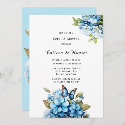 ブルーアジサイフローラバタフライカップルシャワー 招待状 (正面/裏面)