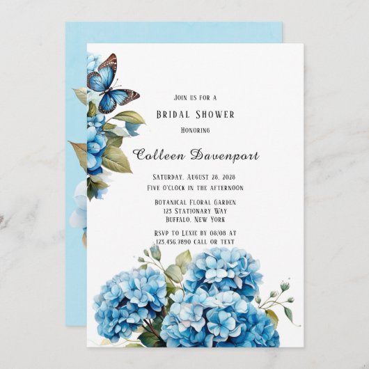 ブルーアジサイフローラバタフライブライダルシャワー 招待状 (正面/裏面)