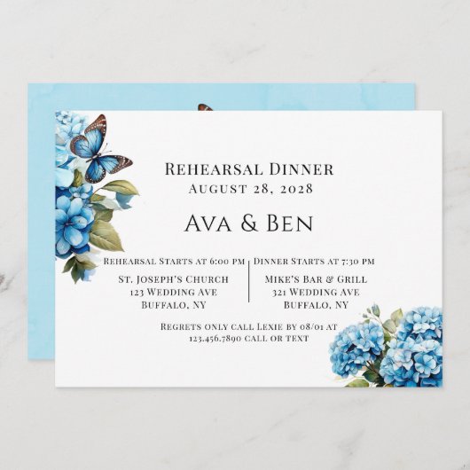 ブルーアジサイフローラバタフライリハーサルディナー 招待状 (正面/裏面)
