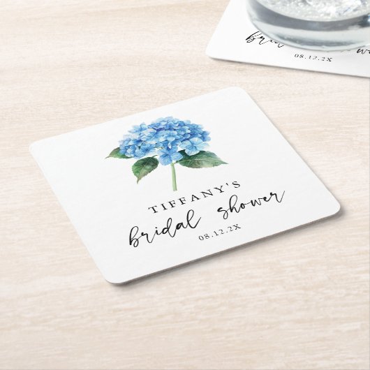 ブルーアジサイフローラブライダルシャワーウェルカムサイン スクエアペーパーコースター (アングル)