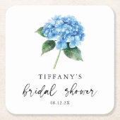 ブルーアジサイフローラブライダルシャワーウェルカムサイン スクエアペーパーコースター (正面)