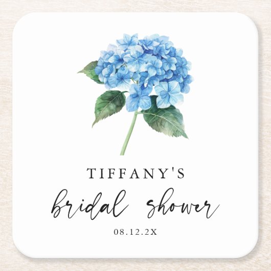 ブルーアジサイフローラブライダルシャワーウェルカムサイン スクエアペーパーコースター (正面)