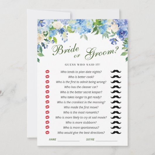 ブルーアジサイフローラブライダルシャワーゲームカード 招待状 (正面)