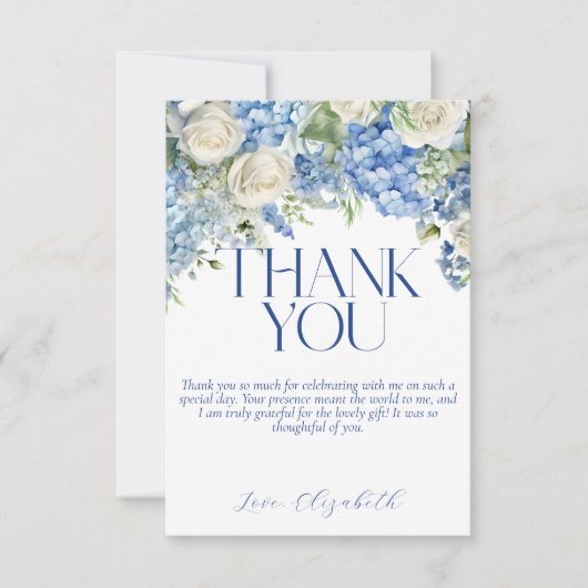 ブルーアジサイフローラブライダルシャワーサンキューカード 招待状 (正面)