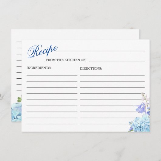 ブルーアジサイフローラブライダルシャワーレシピカード エンクロージャーカード (正面/裏面)