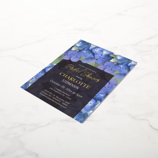 ブルーアジサイフローラブライダルシャワー 箔招待状ポストカード (回転した状態)