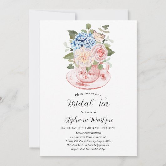 ブルーアジサイフローラブライダルティーシャワー 招待状 (正面)