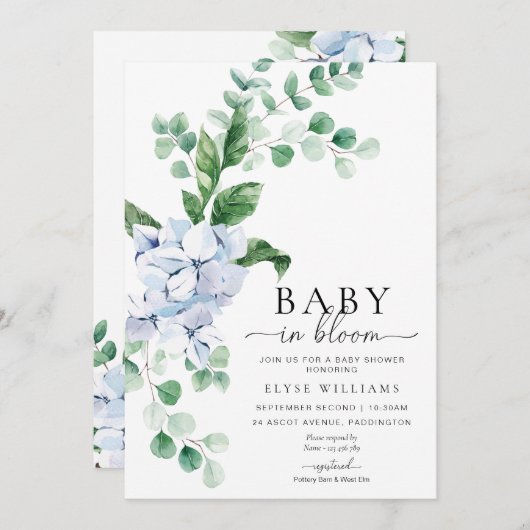ブルーアジサイフローラベビーイン開花シャワー 招待状 (正面/裏面)