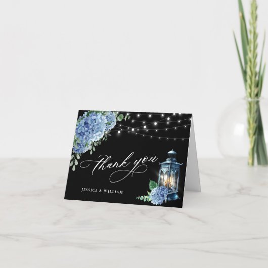 ブルーアジサイフローラランタンブラックボホ結婚ズ サンキューカード (正面)