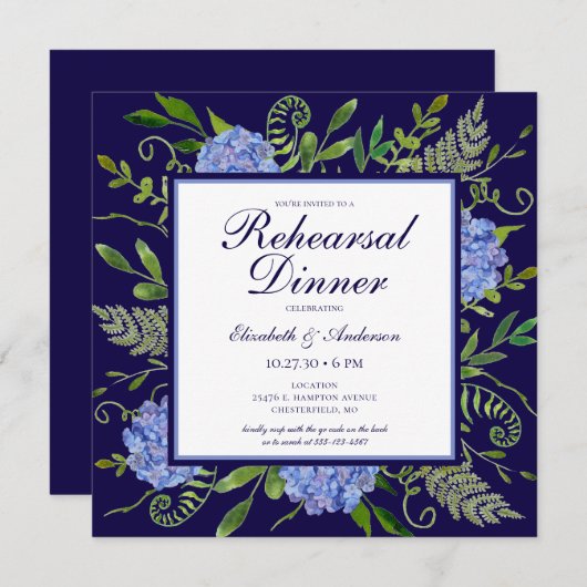 ブルーアジサイフローラ水の色のリハーサルディナー 招待状 (正面/裏面)